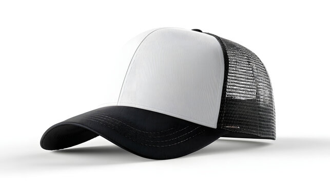 Blank black and white trucker hat mockup isolated on white background.