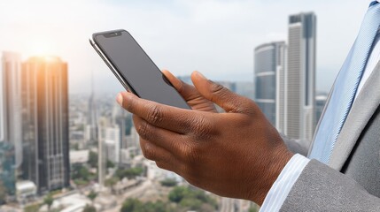 A businessman using a smartphone in a cityscape with modern skyscrapers and bright sunlight