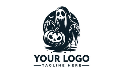 Spooky black and white illustration of a ghost holding a carved pumpkin.