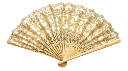 Festive masquerade fan in gold lace, Transparent background, PNG file