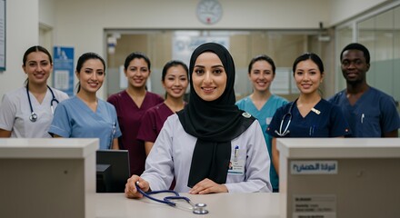 Diverse Healthcare Team Smiles Confidently, Ready to Serve Patients
