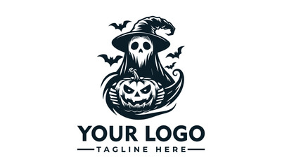 Spooky Halloween logo featuring a skull in a witch's hat holding a jack-o'-lantern.