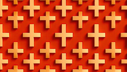 Golden Crosses Patterned on Red Background Featuring Repeating Grid and Geometric Design