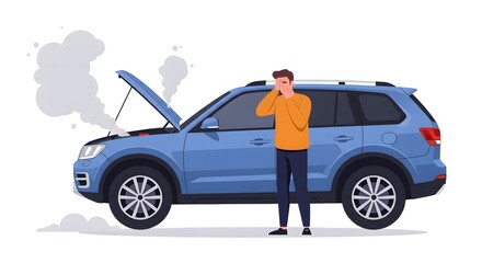 Engine Failure Frustrated Man with Broken Down Car Experiencing Mechanical Failure A Broken Car