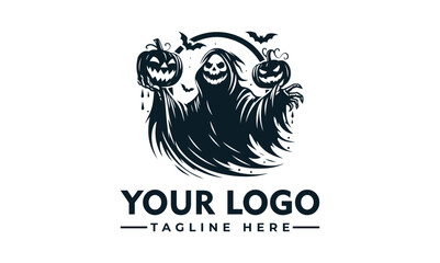 A grim reaper logo design, featuring a dark silhouette figure holding jack-o'-lanterns, set against a white background.