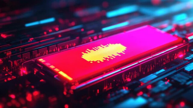 Red computer chip with glowing circuitry and light effects set against a futuristic tech backdrop.