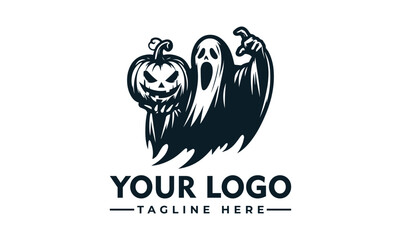 A spooky logo featuring a ghost holding a carved pumpkin.