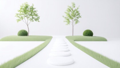 Minimalist Garden Pathway Design With Green Trees And Grass Against A White Background