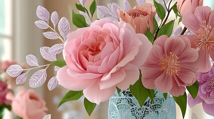 Elegant Pink Rose Arrangement in Antique Lace Vase with Soft Floral Accents