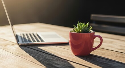 Succulent in Red Mug with Laptop on Wooden Table in Sunlight