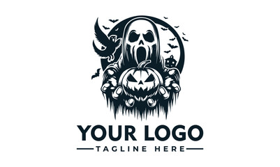 A screaming skull figure presents a carved pumpkin against a spooky Halloween backdrop, ideal for a logo.