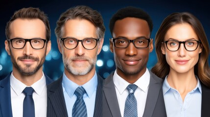 Professional diverse business team wearing glasses smiling confidently in a corporate setting