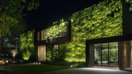 Modern house at night with green wall