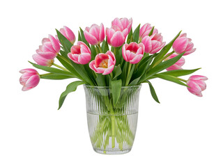 Fototapeta premium Beautiful bouquet of pink tulips in a clear glass vase with water isolated on transparent background