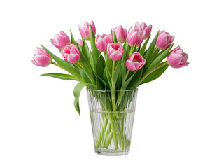 Obraz premium A beautiful bouquet of pink tulips in a clear glass vase isolated on transparent background