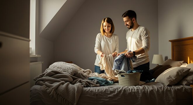 Cozy Moments of a young couple doing laundry: A tender moment unfolds as a couple sorts laundry together on the bed, bathed in the warm glow of natural light.