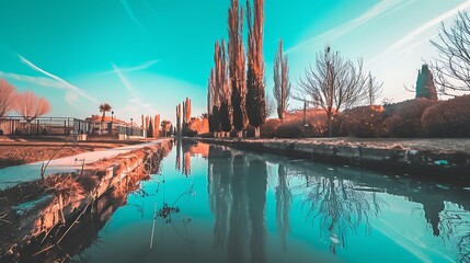 Fototapeta premium Serene water canal view featuring striking turquoise waters and reflecting trees under vibrant skies