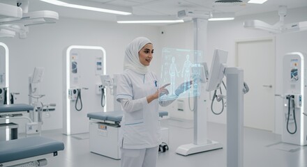 A female healthcare professional in a modern hospital uses a futuristic touchscreen interface to review patient data, showcasing advanced medical