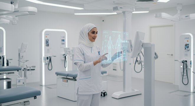 A female healthcare professional in a modern hospital uses a futuristic touchscreen interface to review patient data, showcasing advanced medical - Powered by Adobe