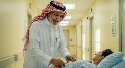 Compassionate Care: A man in traditional Middle Eastern attire visits a patient in a hospital, offering comfort and support.