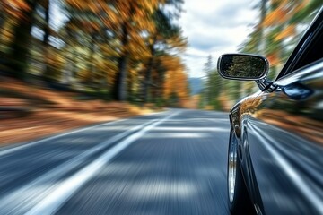 Naklejka premium Speeding car journey through autumn forest road captured motion blur perspective scenic nature adventure