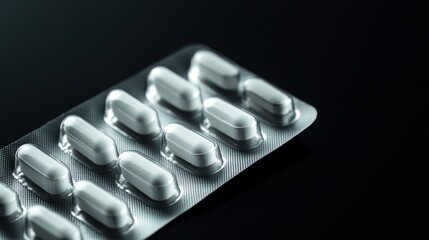 Close-up of a blister pack of white pills on a dark background.  Medical, pharmaceutical, healthcare concept.