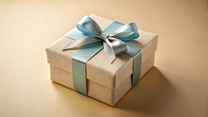 Obraz premium Elegant Gift Box with Blue Satin Ribbon and Bow on a Neutral Background for Celebrations and Special Occasions