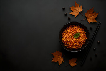 Overhead Shot of Spicy Orange Ramen Noodles in Dark Bowl on Gray Background