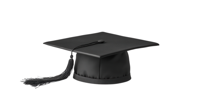 Graduation black mortarboard cap with tassel, Transparent background, PNG file