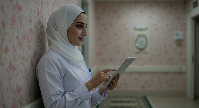 A Muslim healthcare professional thoughtfully uses a tablet in a hallway, showcasing a blend of modern technology and traditional attire. - Powered by Adobe