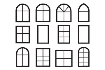 Collection of window frames with diverse shapes such as arched, rectangular, and square, showcasing unique glass structures and architectural style