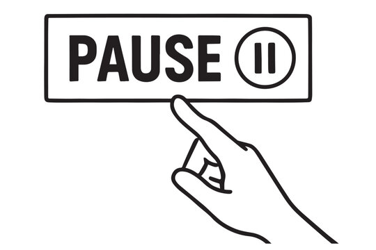 hand about to press pause button, illustration of a break or stop in an action, pause icon and finger gesture