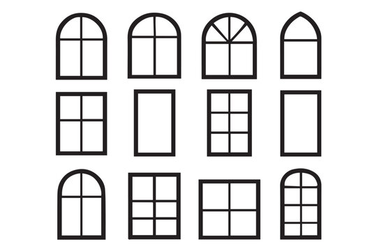 Collection of window frames with diverse shapes such as arched, rectangular, and square, showcasing unique glass structures and architectural style