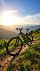 Fototapeta premium Mountain Bike on a Scenic Trail with Majestic Mountain Views at Sunset