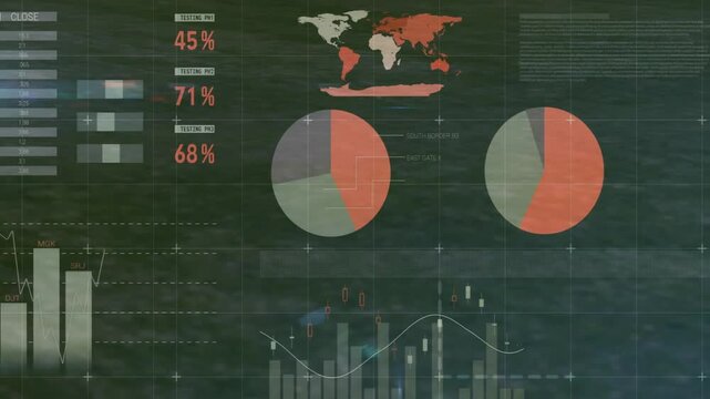Semi-transparent analytics dashboard updating charts while soccer player kicking ball rolling in