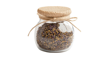 Glass jar of dried oregano Transparent background, PNG file