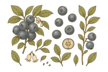 Botanical Illustration of Blueberries with Leaves and Flowers