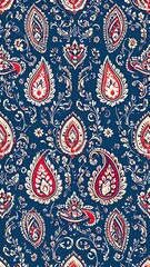 Fototapeta premium Repeating Paisley Pattern in Jewel Tones with Red and White Elements on Dark Blue Background