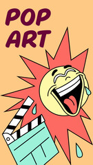 Pop art style thumbnail for short video with explosive text field and laughing emoji