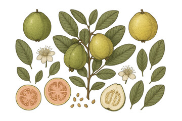 Detailed guava fruit illustration with leaves and flowers.