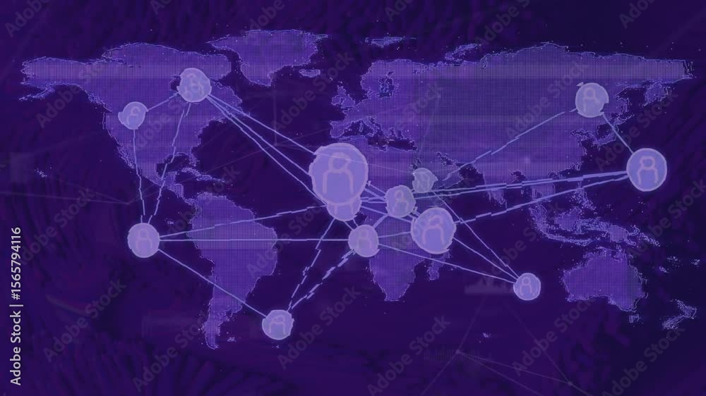 Poster central user icon pulsing and sending lines to purple nodes network densifying showing connectivity