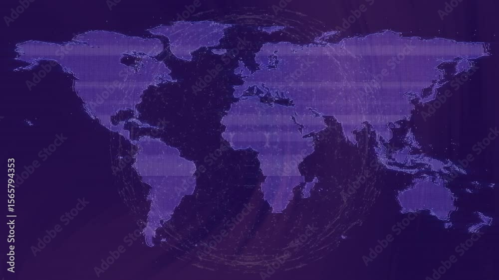 Poster 3d globe emerging behind map, rotating with data arcs, nodes forming dotted map mapping data flow