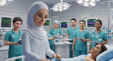 Compassionate female doctor attends to a patient in a modern hospital operating room, surrounded by a supportive medical team.