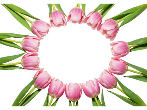 Circle of delicate pink tulips with green leaves isolated on transparent background