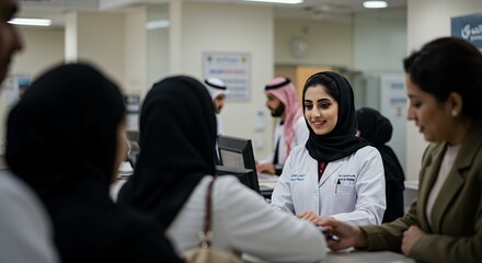 Young female doctor consults with patients in a modern clinic, showcasing healthcare and cultural diversity.