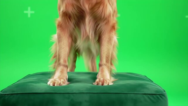 Golden Retriever Dog Testing Balance on Emerald Green Velvet Cushion Isolated by Green Screen