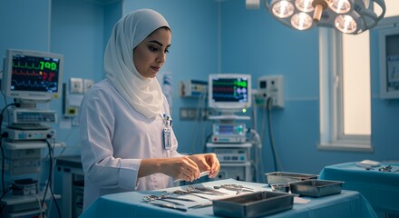Focused female surgeon in hijab prepares surgical instruments in a modern operating room, showcasing dedication and precision.