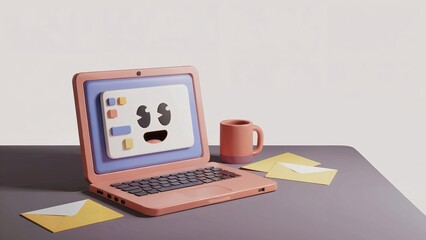 3d render design of a laptop character, coffee mug, and envelopes on the table, copy space