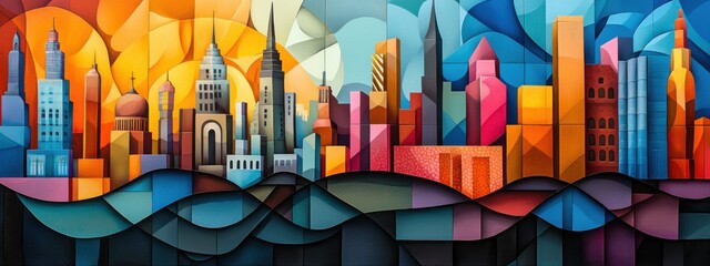 Leeyongjay style pop art shows a colorful palace landscape in sapphire and gold tones, positioned to the left for dramatic effect, on a vibrant background.