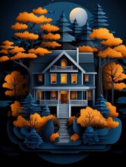 A precisionist townhouse at midnight surrounded by glowing trees and a radiant full moon, reflecting the artistic style of leeyongjay's vibrant compositions.